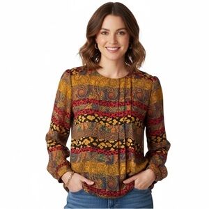 Vintage Nicola 80s Abstract Geometric Blouse | Pleated Multi-Pattern Top Sz 12